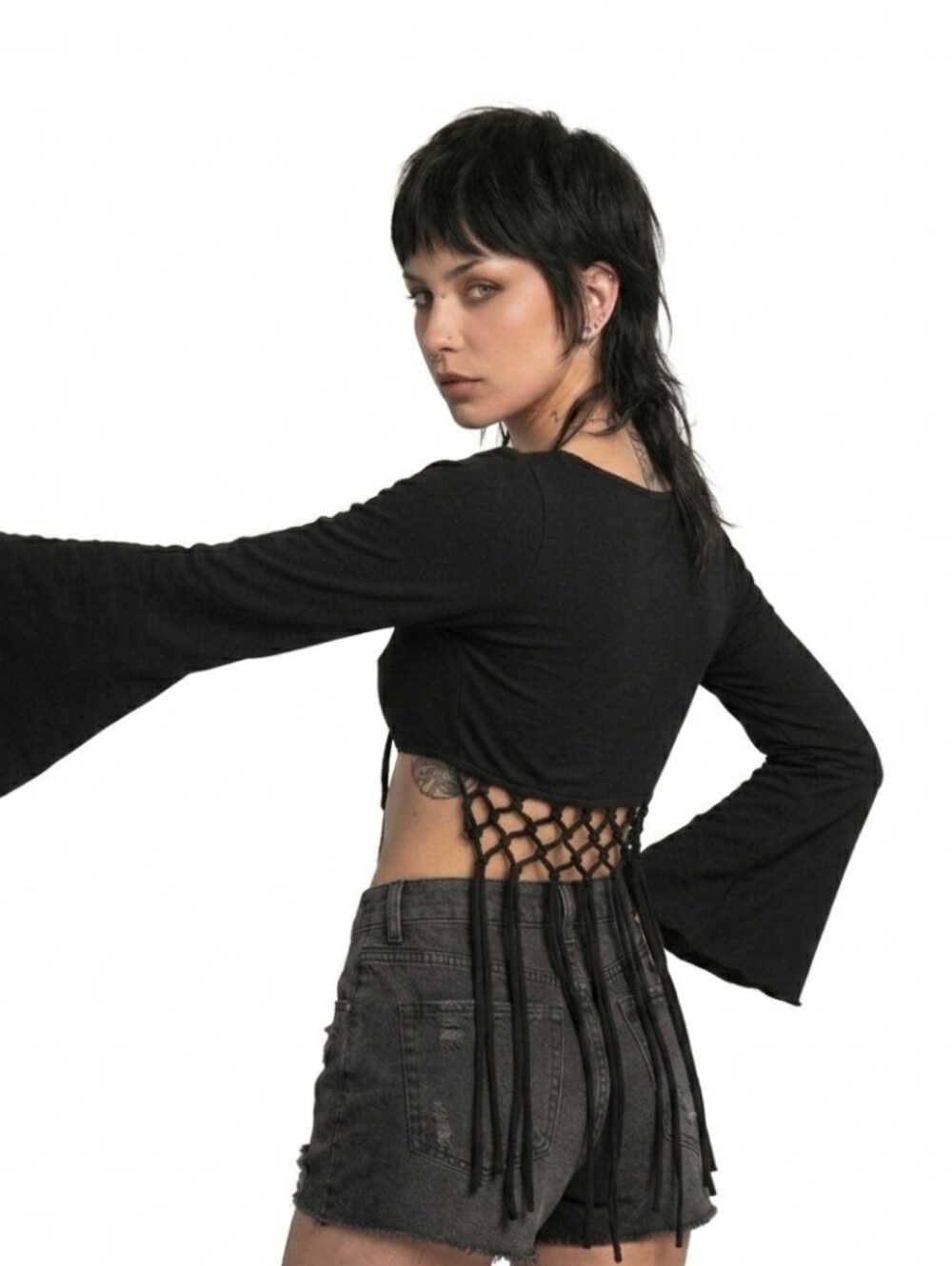 ​Bolli Imports NWT Black Macrame Fringe Back Bell Sleeve Crop Top